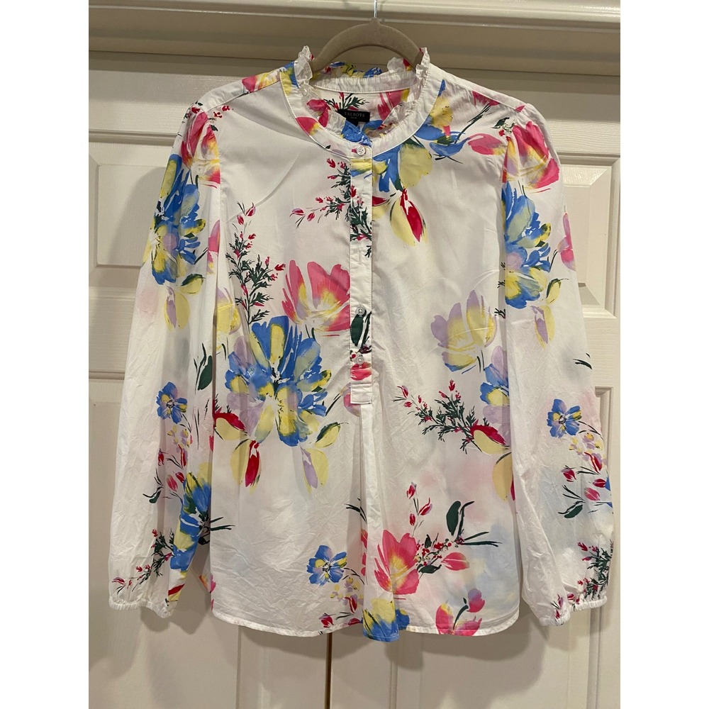 Talbots Petite XL P Floral Ruffle Collar Popover Blouse Long Sleeve White Multi